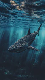 Great white shark glides through deep teal ocean light.