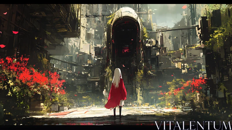 Solitary figure approaches a colossal overgrown megastructure