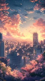 Urban skyline under sunset sky with cherry blossoms foreground.