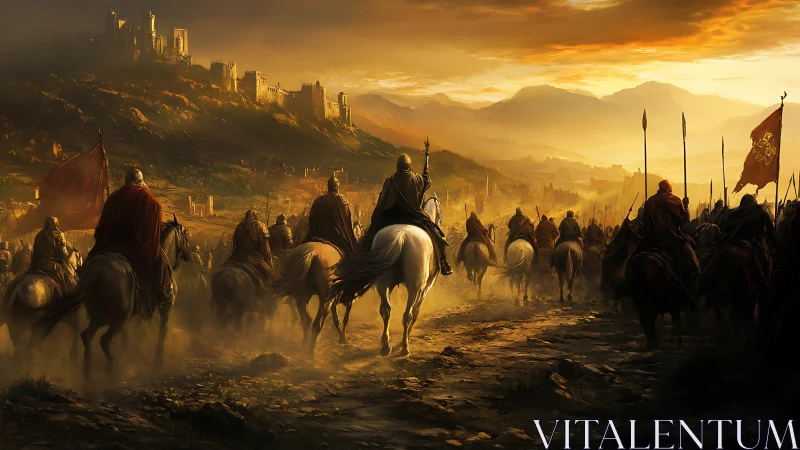 Mounted medieval column advancing toward fortified hill city.