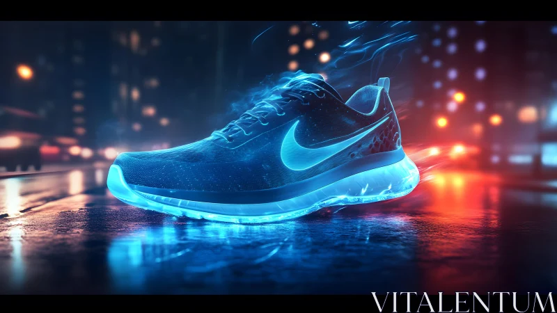 Futuristic Nike Running Shoe Glowing on Neon City Street at Night.