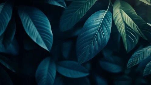 Macro botanical foliage with teal-blue leaves and bokeh light