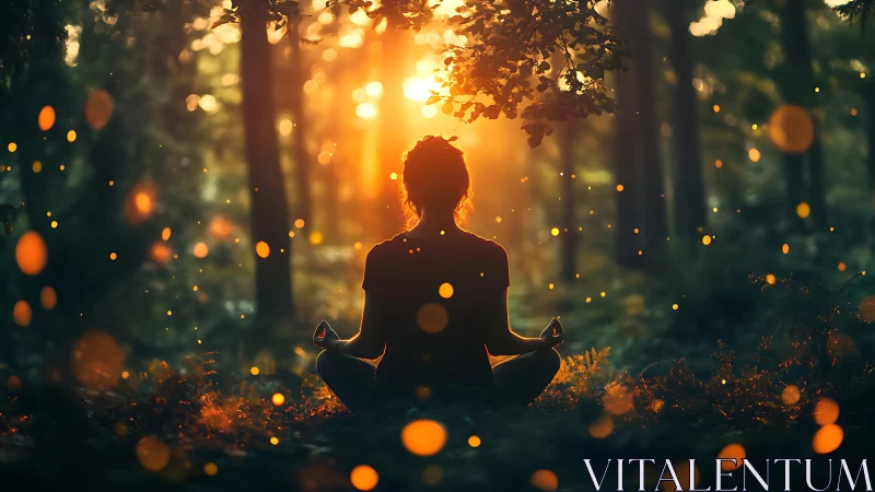 Person meditating in forest at sunset with glowing lights.