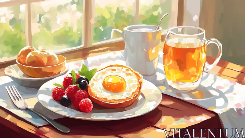 Sunlit country breakfast still life by bright window frame.
