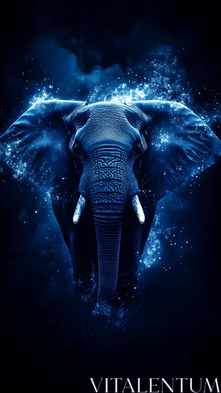 Starlit blue elephant emerging softly from a cosmic night.