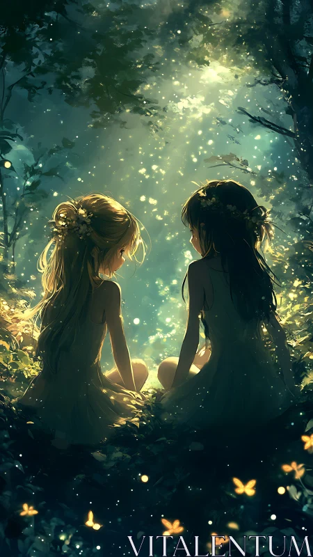 Backlit forest scene renders two girls amid bioluminescent glow