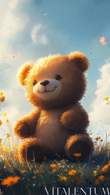 Smiling teddy bear basks in golden meadow sunlight