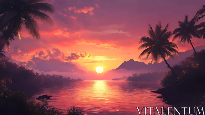 Tropical lagoon sunset glows over misty palm shoreline.