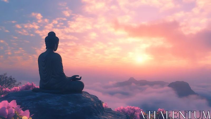 Silhouette of Buddha statue observes layered cloudscape at sunrise