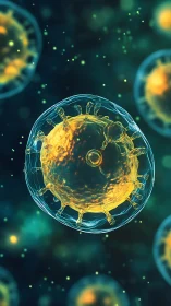 Microscopic viral particle in translucent cellular environment.