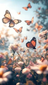 Sunlit monarch butterflies drifting over dreamy wildflower meadow.