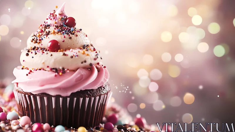 Layered Chocolate Cupcake with Pink Frosting and Sprinkles.