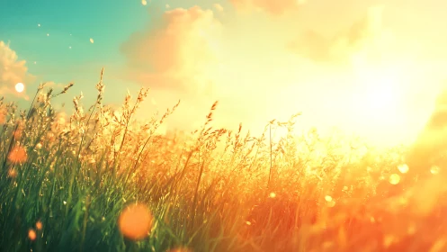 Backlit meadow grasses with high-intensity solar flare rendering.
