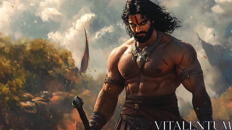 Storm-lit warrior strides forward with fierce, steady resolve