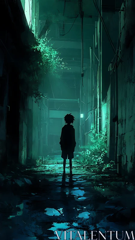 Silhouetted youth in bioluminescent teal urban alleyway