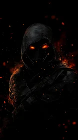 Hooded cybernetic wraith portrait in ember-lit silhouette.