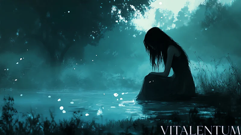 Solitary girl by moonlit lake in misty blue forest.