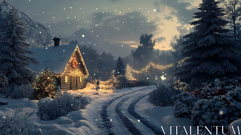 Snowy village lane with decorated cabin at dusk.