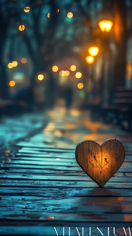 Wooden Heart Glows Soft Gold Amid Bokeh Streetlights
