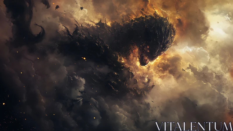 Colossal fiery dragon emerging from dense storm clouds.