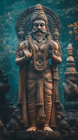 Forest-veiled sage statue bathed in teal mystic stillness.