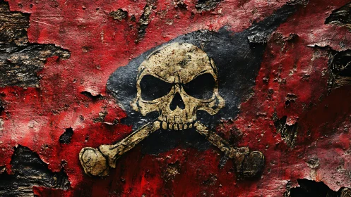 Weathered skull and crossbones on distressed red surface.