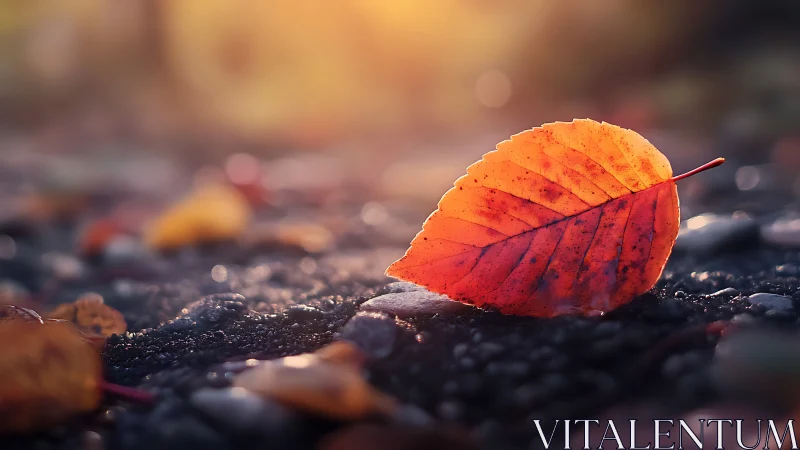 Macro autumn leaf on wet gravel under shallow depth of field