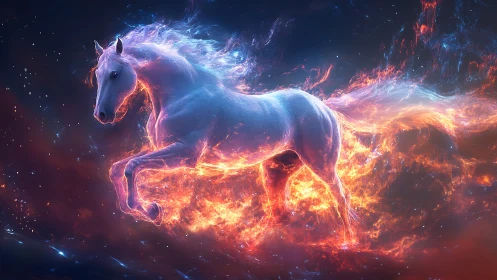 Equine figure rendered in luminous fire and nebula field.