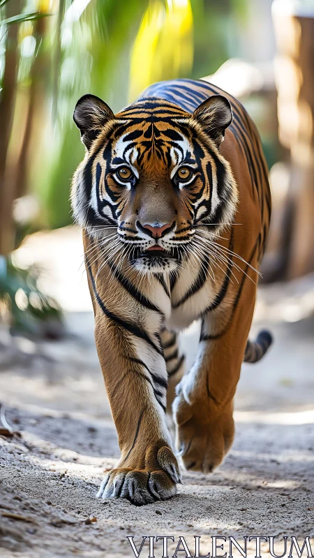 Sunlit tiger strides forward with molten gaze and quiet power.