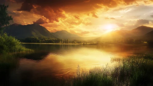 Radiant sunset over tranquil mountain lake with warm reflections.