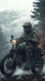 Motorcyclist in camouflage gear on misty forest trail.