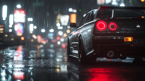 Modified sports coupe idles in wet neon city street at night