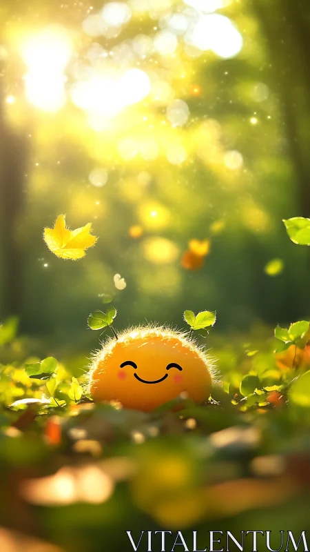 Smiling fuzzy yellow blob in bright forest sunlight scene.