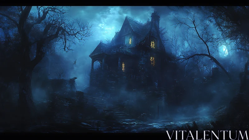 Nocturnal spectral manor under volumetric blue moonlight.