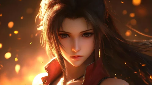 Firelit warrior gaze amid drifting embers and dusk glow.