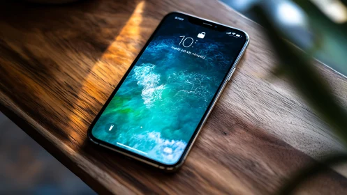 Modern Smartphone on Wood Surface with Coastal Imagery.