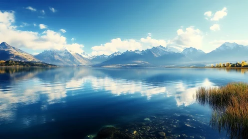 Mountain lake with calm water and distant snow peaks.