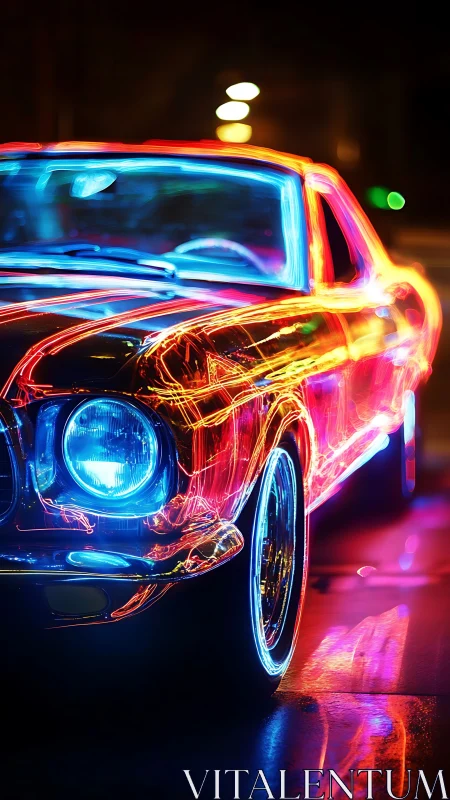 Neon-traced muscle car with chromatic motion light trails.