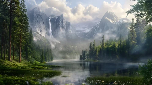 Mountain lake valley with pine forest and misty waterfall.