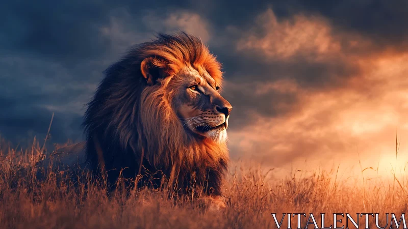 Majestic male lion in warm sunset grassland light.