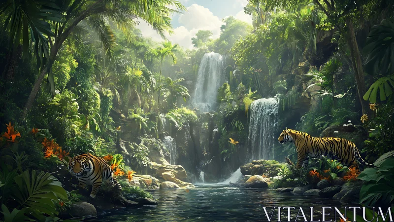 Tigers at Paradise Waterfall - Digital Fantasy Scene.