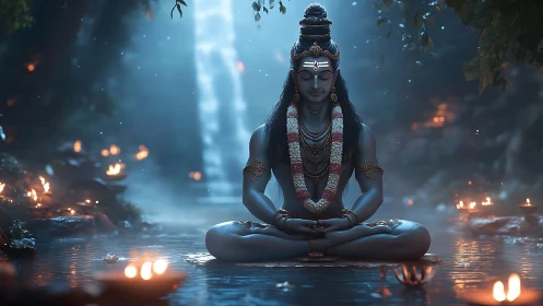 Digital depiction of meditating figure in forest pool.