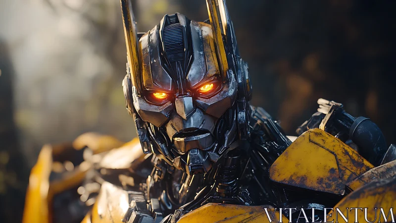 Battle-worn yellow robot stares ahead with blazing resolve