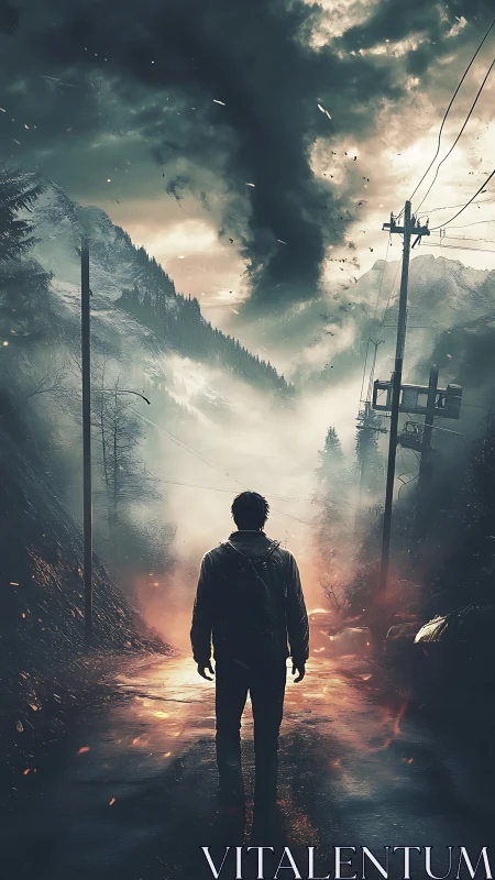 Solitary observer facing tornadic vortex in alpine roadway corridor.