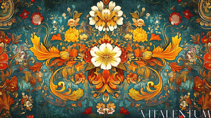 Ornate teal tapestry with luminous golden floral scrollwork.