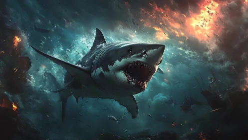 Cinematic digital painting of apex shark in storm seas.