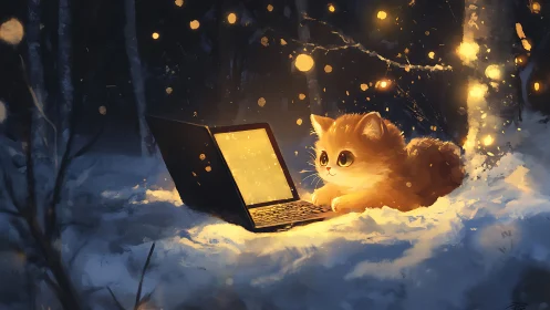 Small orange cat observes illuminated laptop in snowy forest