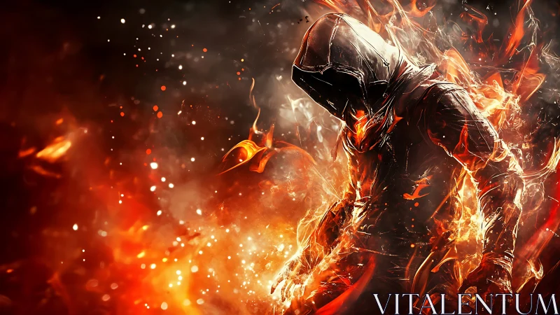 Hooded fiery warrior in erupting flames and burning embers.