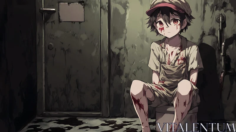 Bloodied child in grimy cell-like room, anime style.