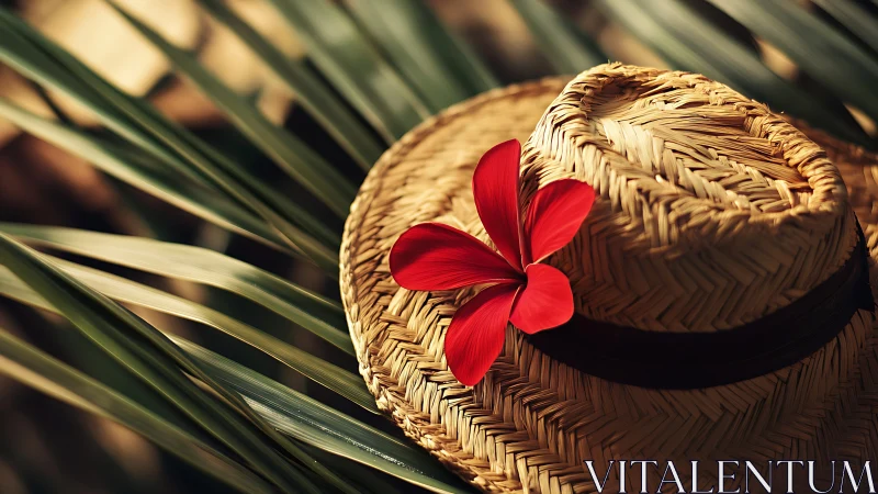 Sunlit straw hat with a bold red flower in palm shade.